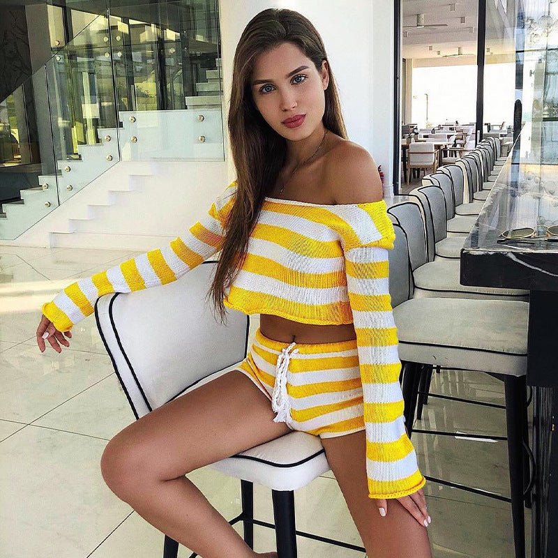 Knitted Striped Shorts Set Women Autumn Winter Long Sleeved Short Top Cropped Sexy Two Piece Set - Bae Apparel