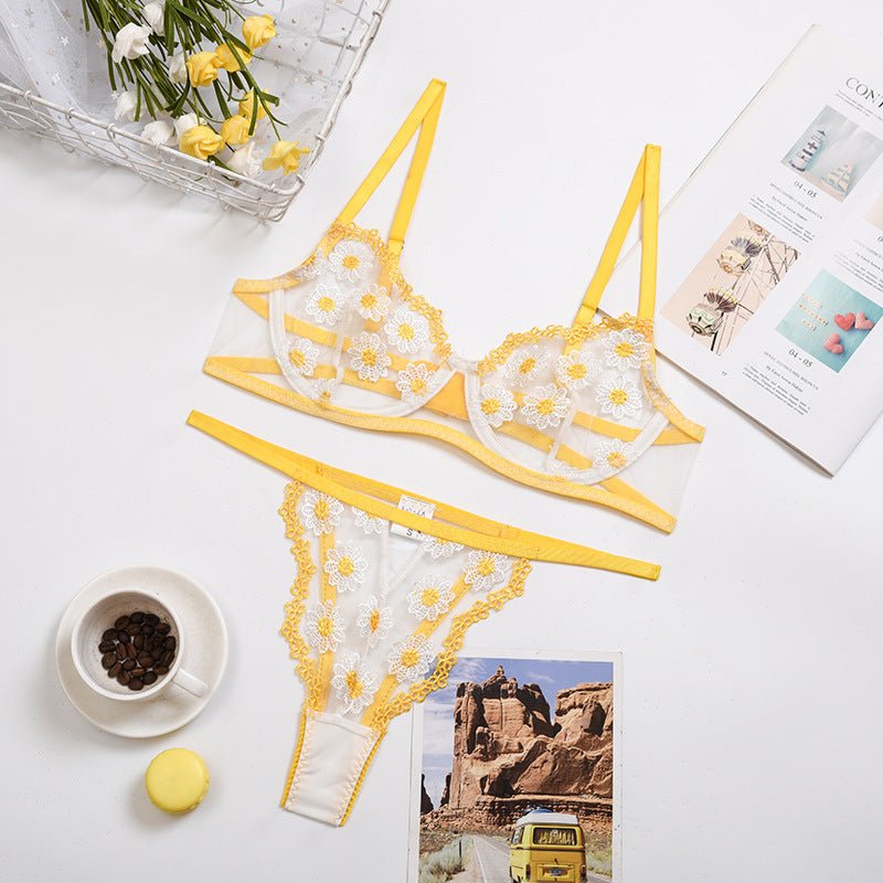 Lace Floral Border Mesh Three-Point Bra Sexy Lingerie - Bae Apparel