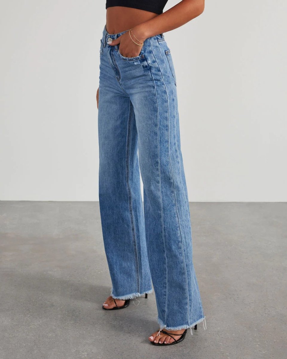 Loose Wide Leg Side Seam Stitching Frayed Hem Jeans Women - Bae Apparel