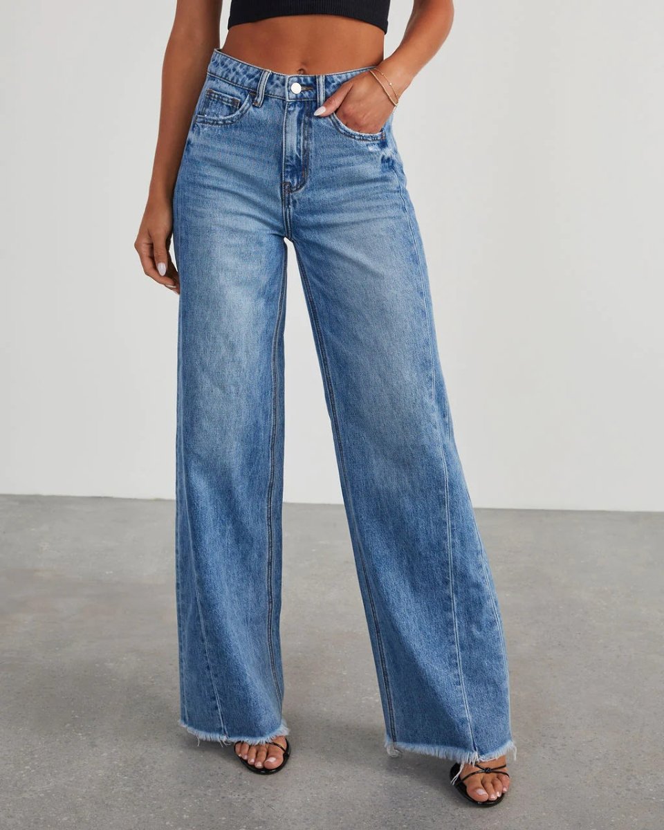 Loose Wide Leg Side Seam Stitching Frayed Hem Jeans Women - Bae Apparel