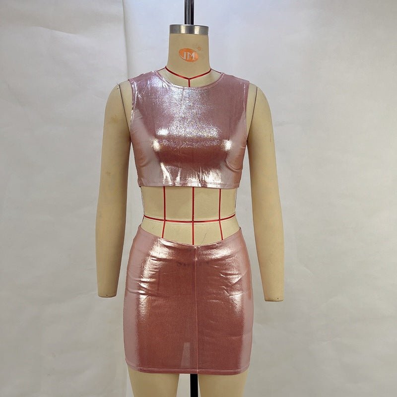 Metallic Coated Fabric Women Clothing Summer Bronzing Solid Color round Neck Sleeveless Cropped Sheath Skirt Outfit Women - Bae Apparel