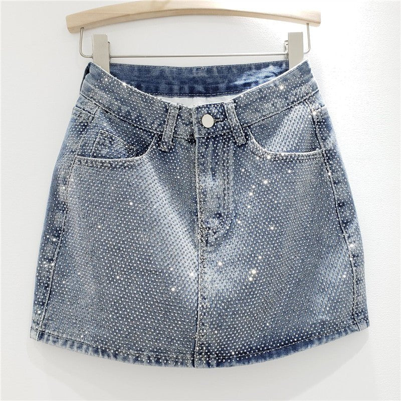 【MOQ-5 packs】 Summer Heavy Embroidery Drilling Denim Skirt Women High Waist Slimming A line Hip Wrapped Skirt - Bae Apparel