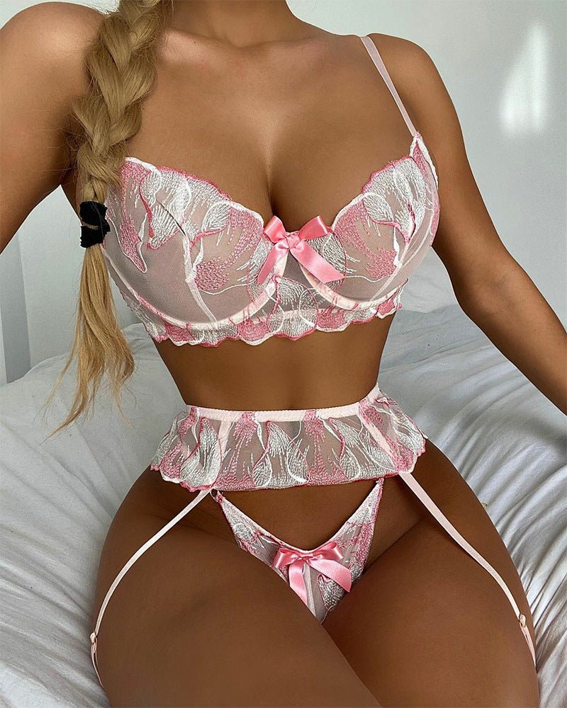 Pink Lace Hollow Out Cutout Embroidery Sexy Backless Garter Three Point Sexy Three Piece Set - Bae Apparel