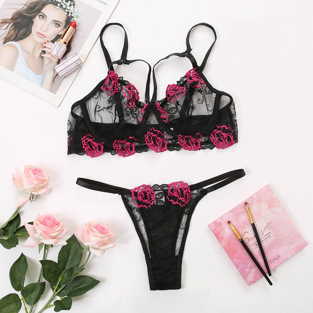 Sexy Floral Embroidery Transparent Black Mesh Sexy Suit - Bae Apparel