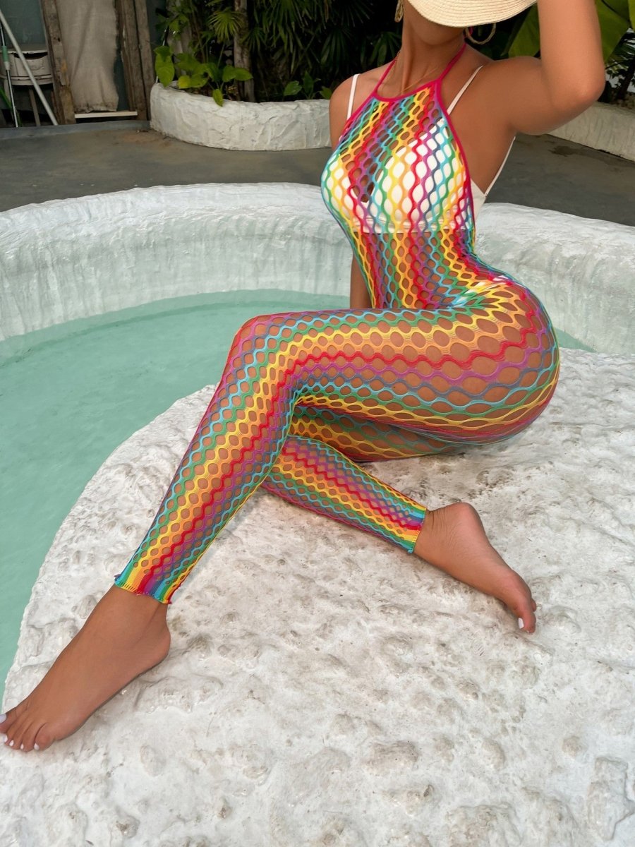 Sexy Lingerie Rainbow Color Hip Skirt Oversleeve Piece Set Sexy Mesh - Bae Apparel