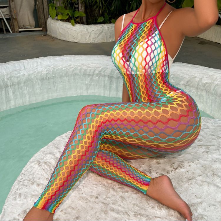 Sexy Lingerie Rainbow Color Hip Skirt Oversleeve Piece Set Sexy Mesh - Bae Apparel
