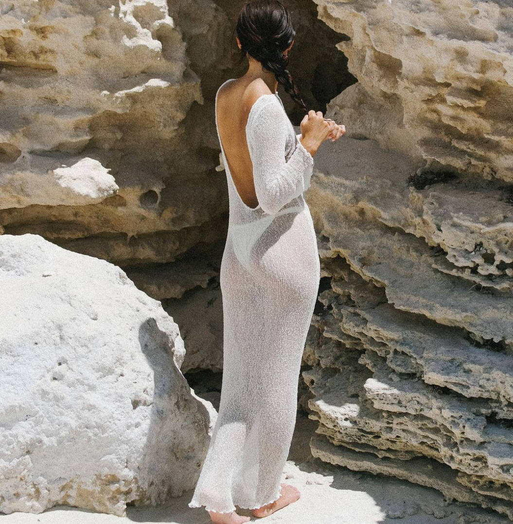 Sexy See Through Backless Slim Fit Comfortable Beach Beach Cover Up Bohemian Woolen Maxi Dress - Bae Apparel
