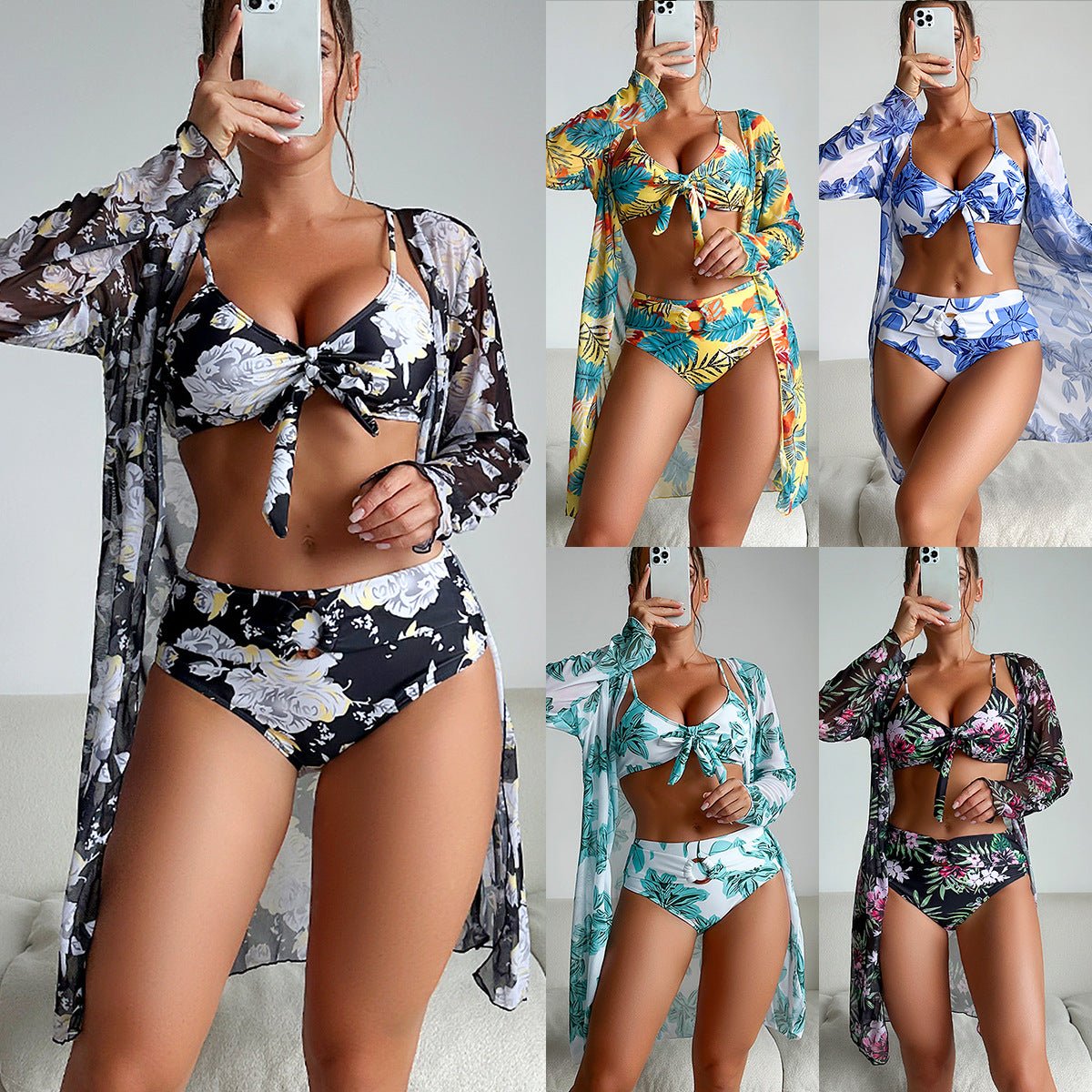 Swimsuit Women Two Piece Printed Long Sleeve Internet Celebrity Bikini Three Piece Swimsuit - Bae Apparel