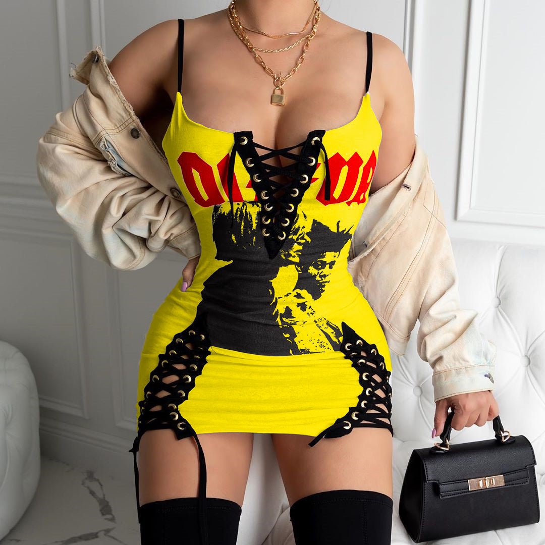 Women Clothing Sexy Dress Printed Short Dress Lace Up Music Festival Tight Summer - Bae Apparel