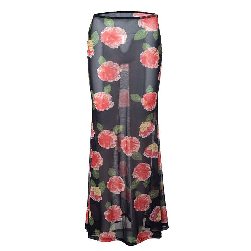 Women Clothing Summer Low Waist Printed Mesh Skirt Sheath Skirt - Bae Apparel