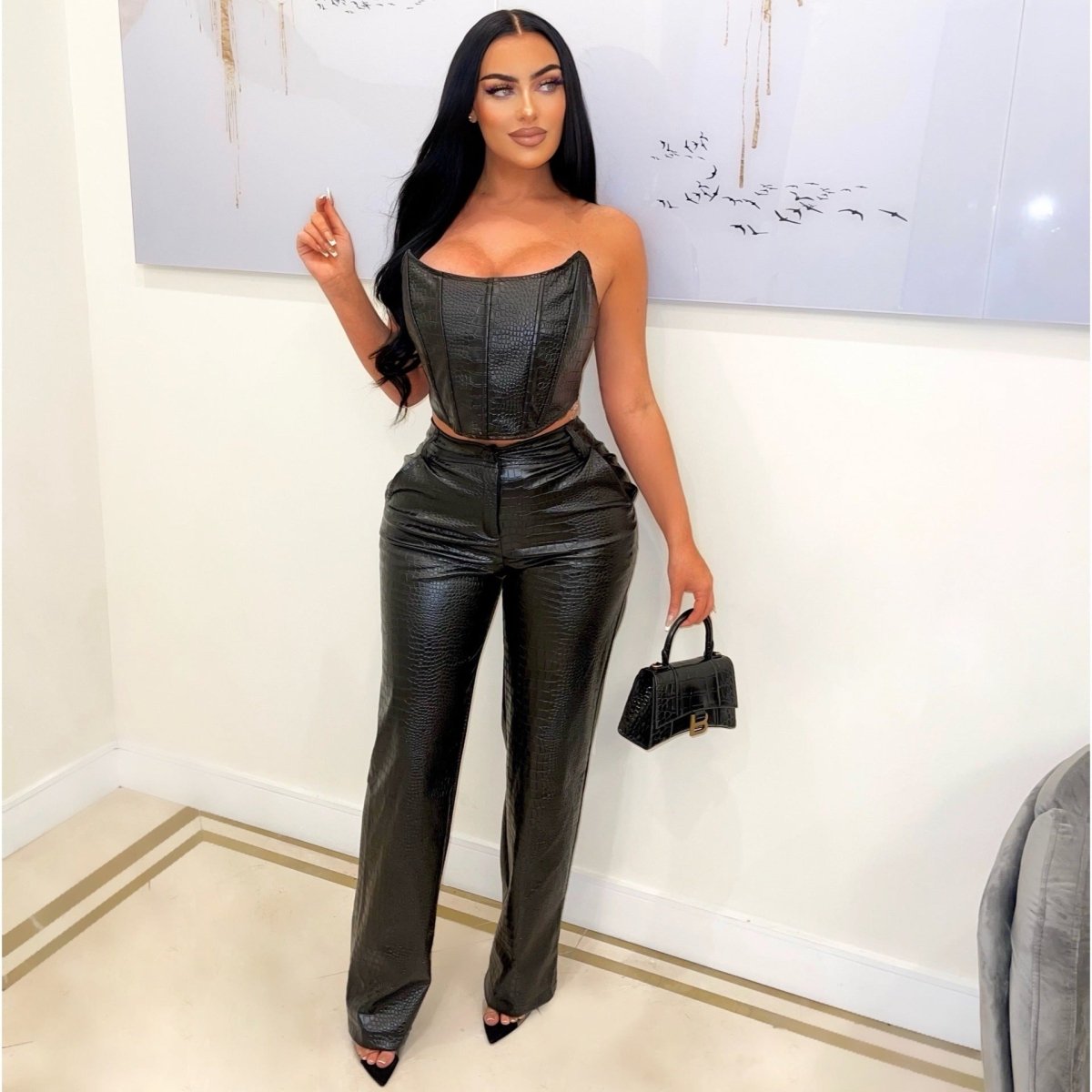 Women Clothing Tube Top Faux Leather Suit Sexy Faux Leather Two Piece Set - Bae Apparel