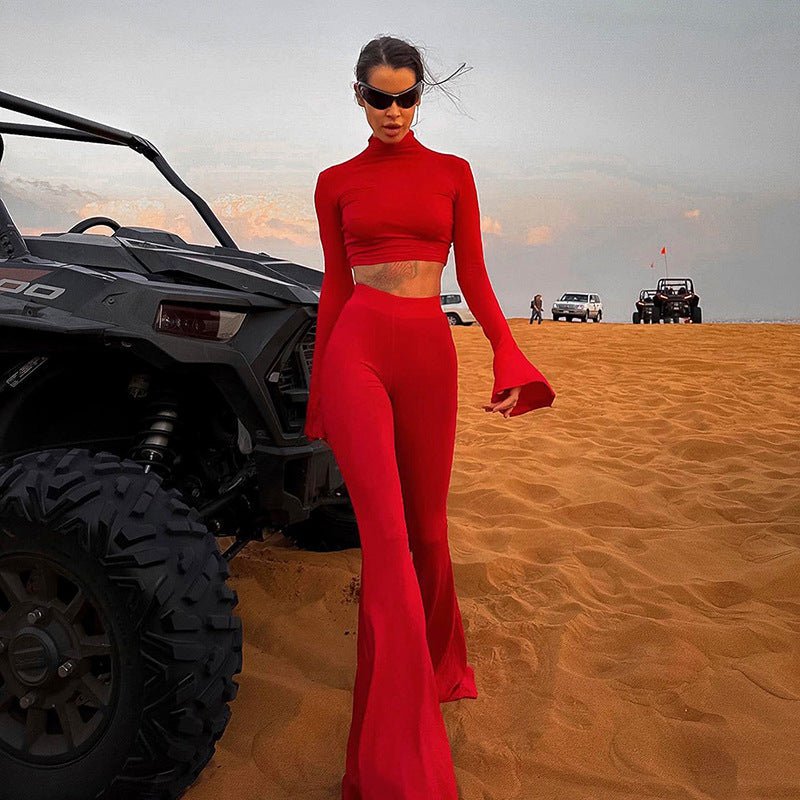 Women Clothing Turtleneck Bell Sleeve Cropped Top High Waist Trousers Set - Bae Apparel