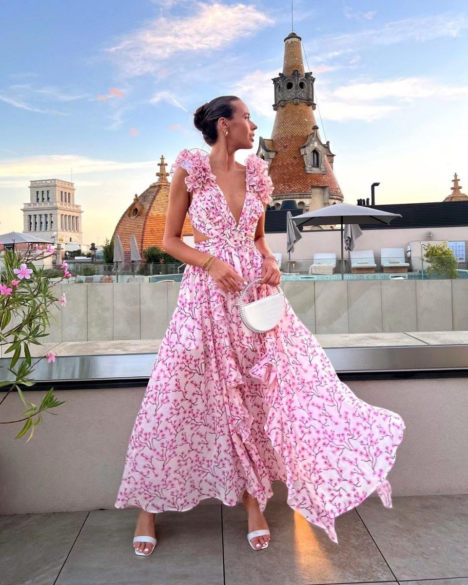 Women Clothing Vacation Dress Hollow Out Cutout Slim Deep V Plunge Ruffled Floral Backless Dress - Bae Apparel