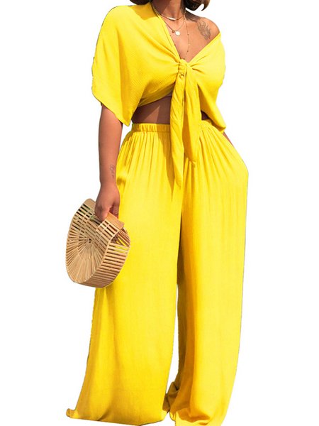 Deep V Neck Top +Wide Leg Trousers Two-piece Set HW5CRDS9CD - Fashion