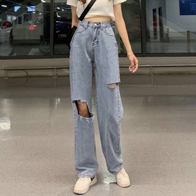 High Waist Ripped Jeans - Fashion