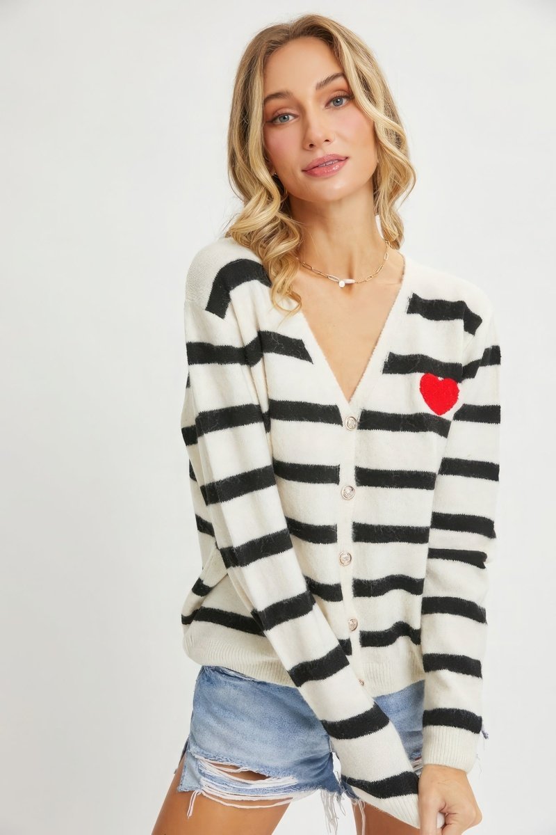 Striped Cardigan With Heart Patch - Bae Apparel