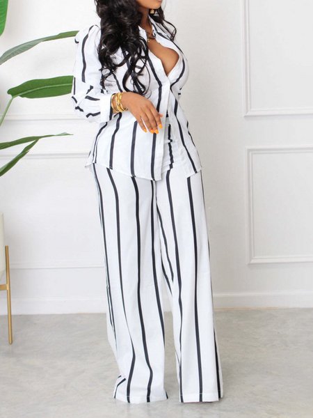 Striped Printed Long-Sleeved Shirt And Trousers Two-Piece Set HKK75FLZHN - Fashion