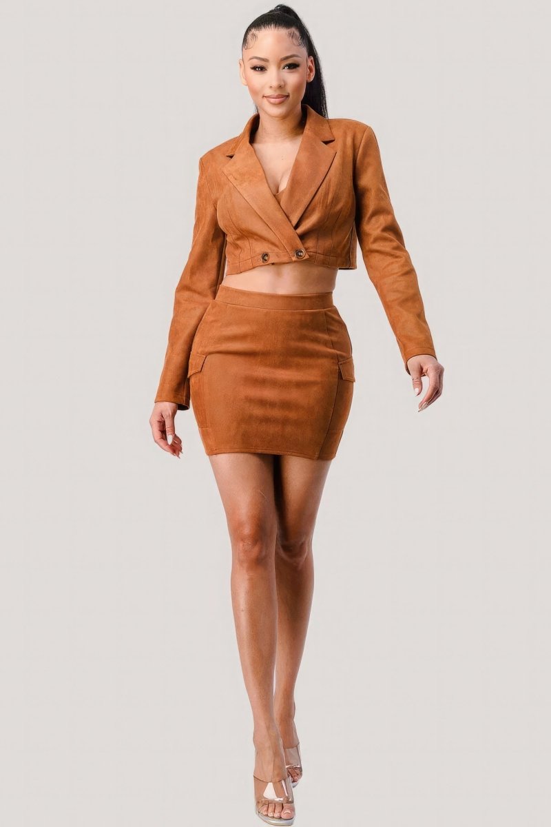 Diagonal Bralette With Cropped Blazer Jacket & Mini Skirt 3pcs Sets - Bae Apparel