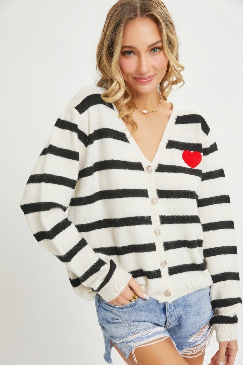 Striped Cardigan With Heart Patch - Bae Apparel