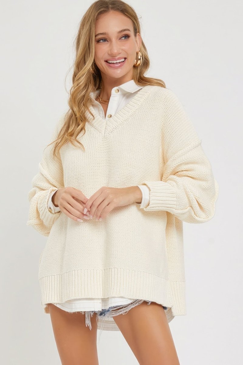 V Neck Oversized Sweater - Bae Apparel